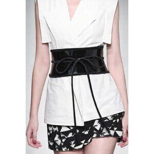 ZAPA Black Patent Leather Corset Waist Belt Suede Trim Lace-Up France